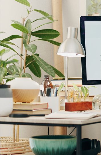 A modern desk with a computer monitor, desk lamp, books, potted plants, and office supplies creates a bright and organized scene. A large leafy plant sits behind the desk, while pricing guides rest neatly on the lower shelf beside a green bowl.